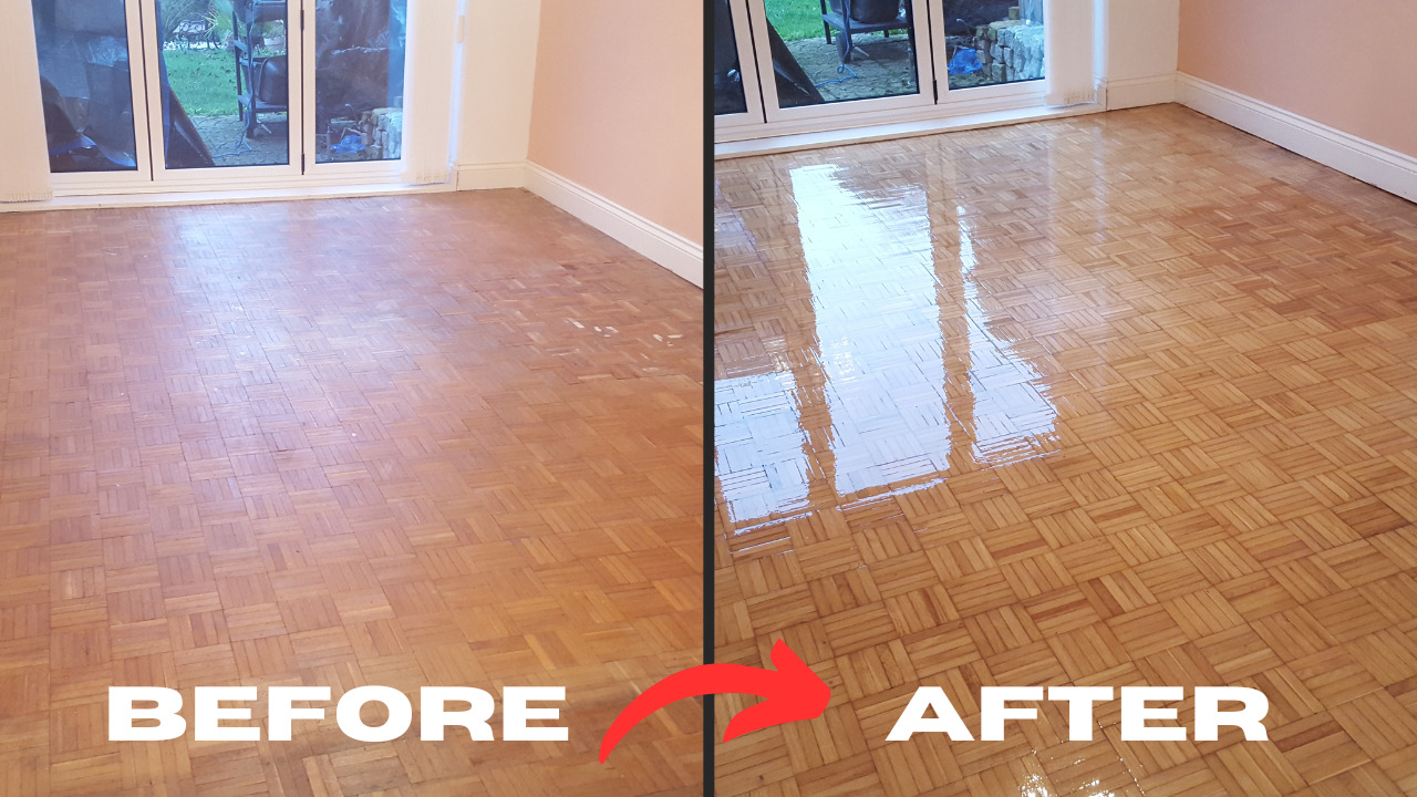 Wood Floor Sanding in Walthamstow – side-by-side “before” and “after” view of a restored mosaic parquet hardwood floor, showing the dramatic shine achieved after professional treatment.