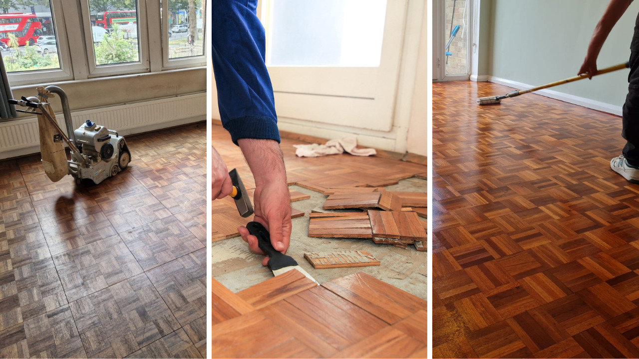 Wood Floor Sanding in Walthamstow – split-image collage showing a parquet hardwood floor being sanded with a drum sander, damaged blocks lifted for repair, and a fresh clear finish applied.