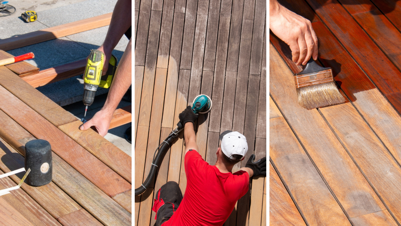 Three-stage Deck Sanding in Walthamstow on hardwood timber decking, showing repair, machine sanding and oiling of an outdoor deck floor.
