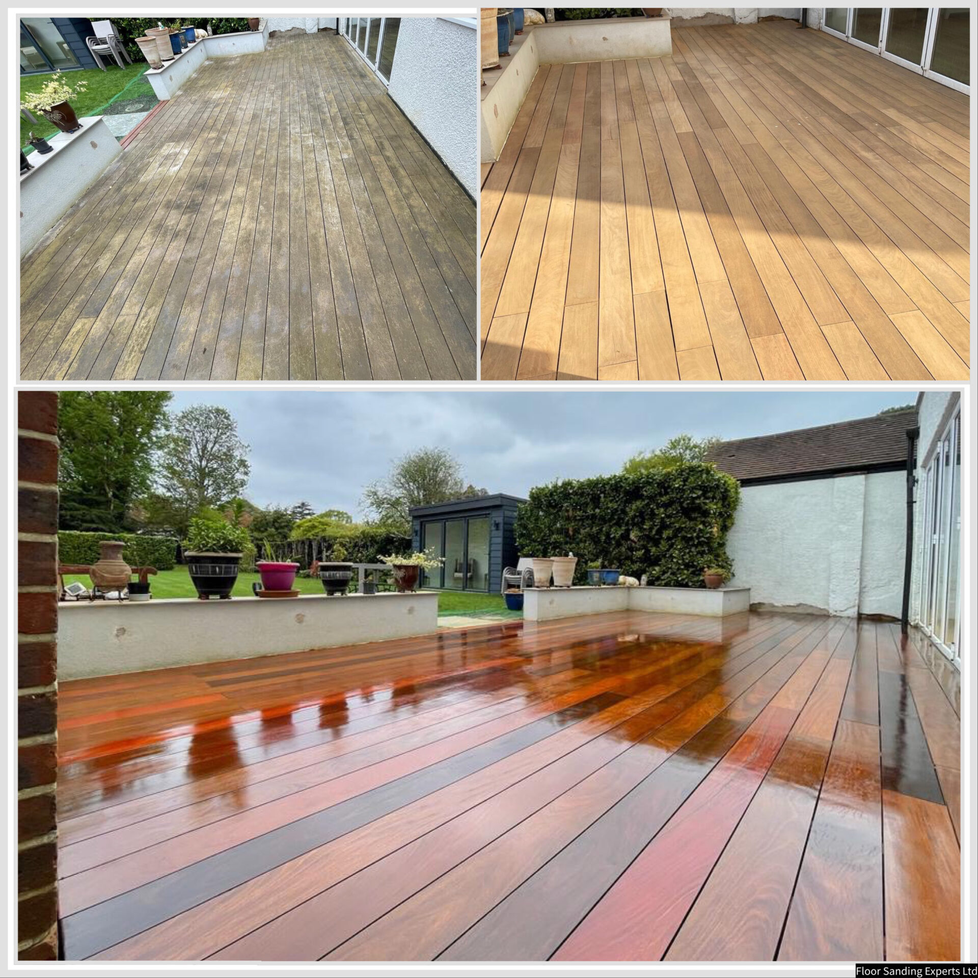 Before and after Deck Sanding in Walthamstow on hardwood timber decking, showing a weathered grey balcony deck transformed into rich, glossy garden boards.