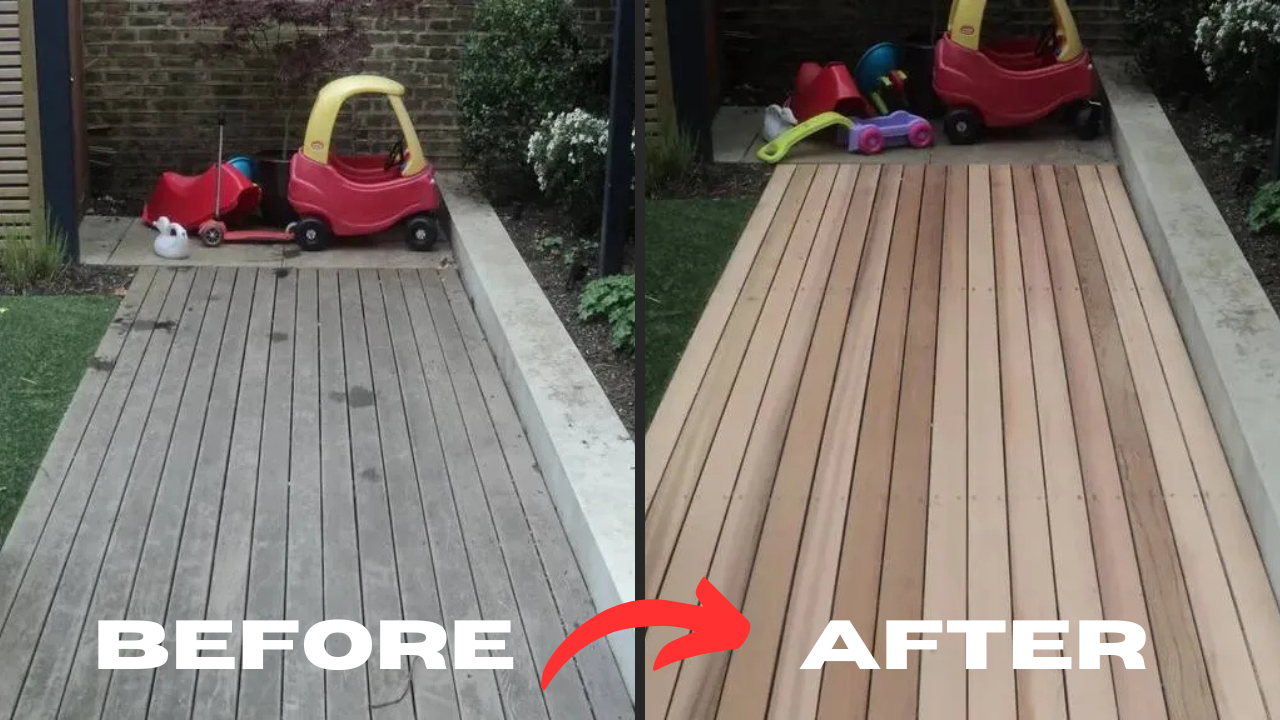 Before and after Deck Sanding in Walthamstow showing grey, weathered softwood timber decking restored to fresh, smooth garden deck boards.