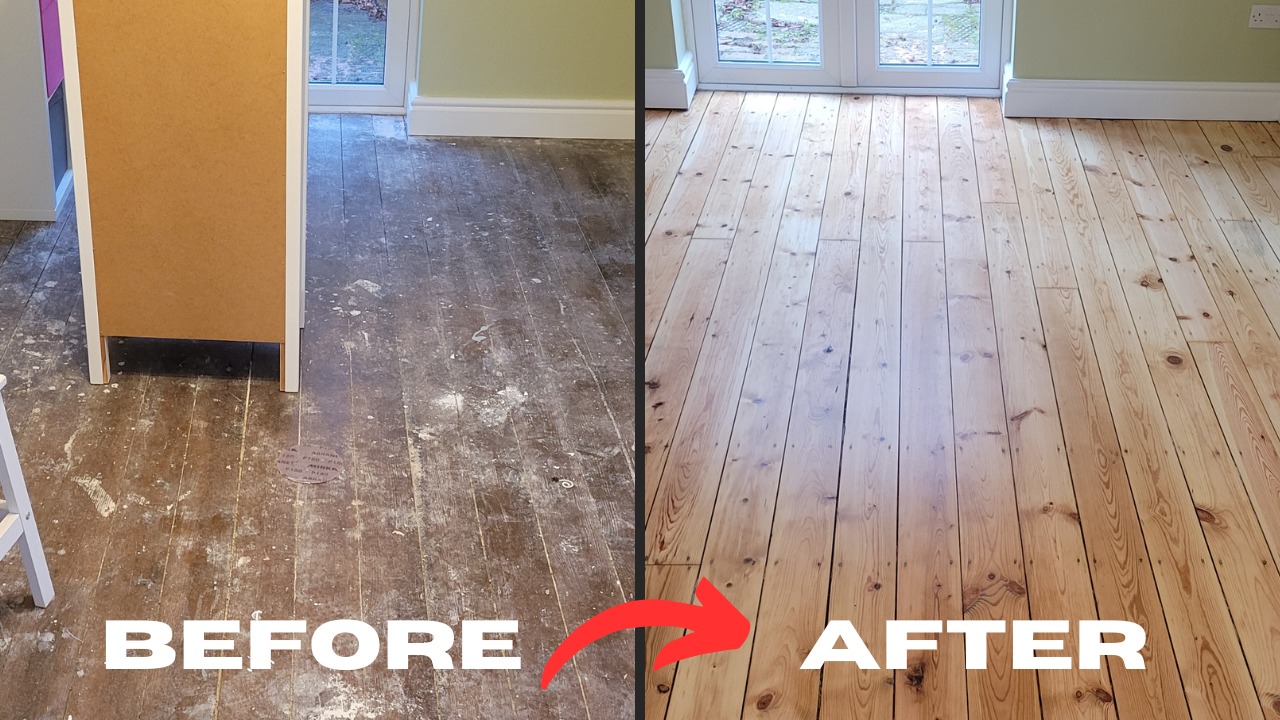 Wood Floor Sanding in Walthamstow – before and after of sanded pine softwood floorboards showing the transformation from dark, paint-spattered boards to clean, bright timber.