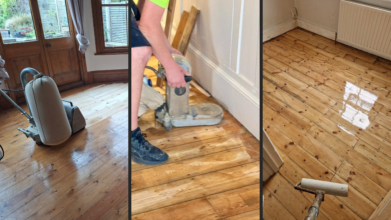 Wood Floor Sanding in Walthamstow on pine softwood floorboards, showing sanding machinery, a technician at work and a freshly sealed, glossy timber floor.