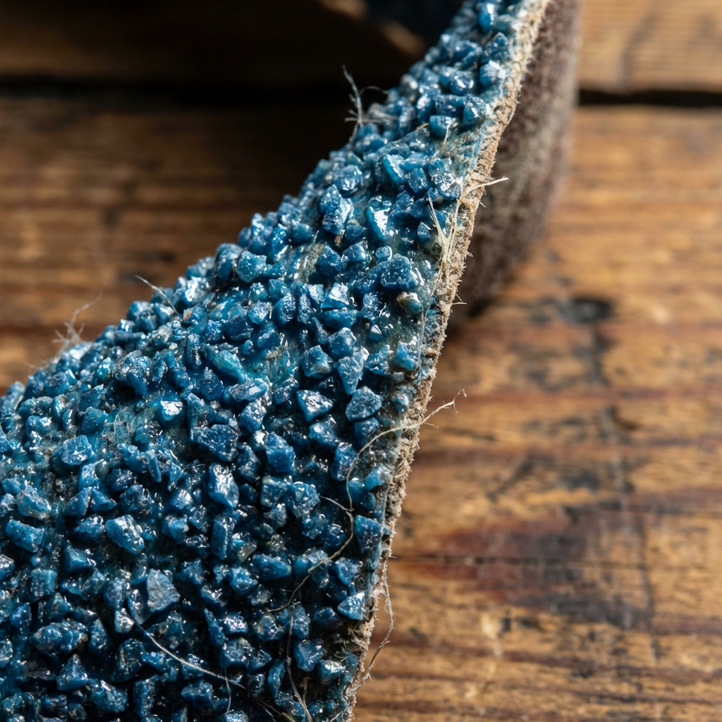 Close-up macro shot of 40-grit Zirconia sanding paper used for the first cut on uneven pine floorboards.