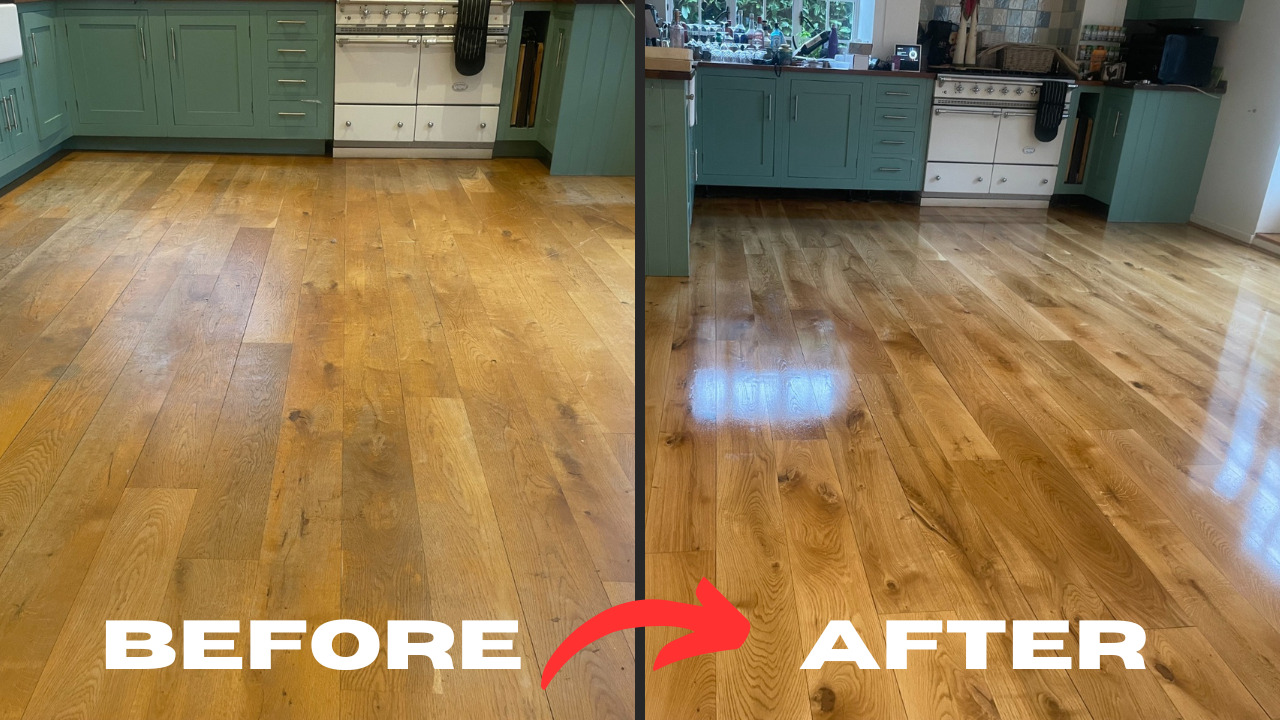 Hardwood Floor Refinishing in Walthamstow showing before and after restoration of oak hardwood kitchen flooring with a smooth glossy finish