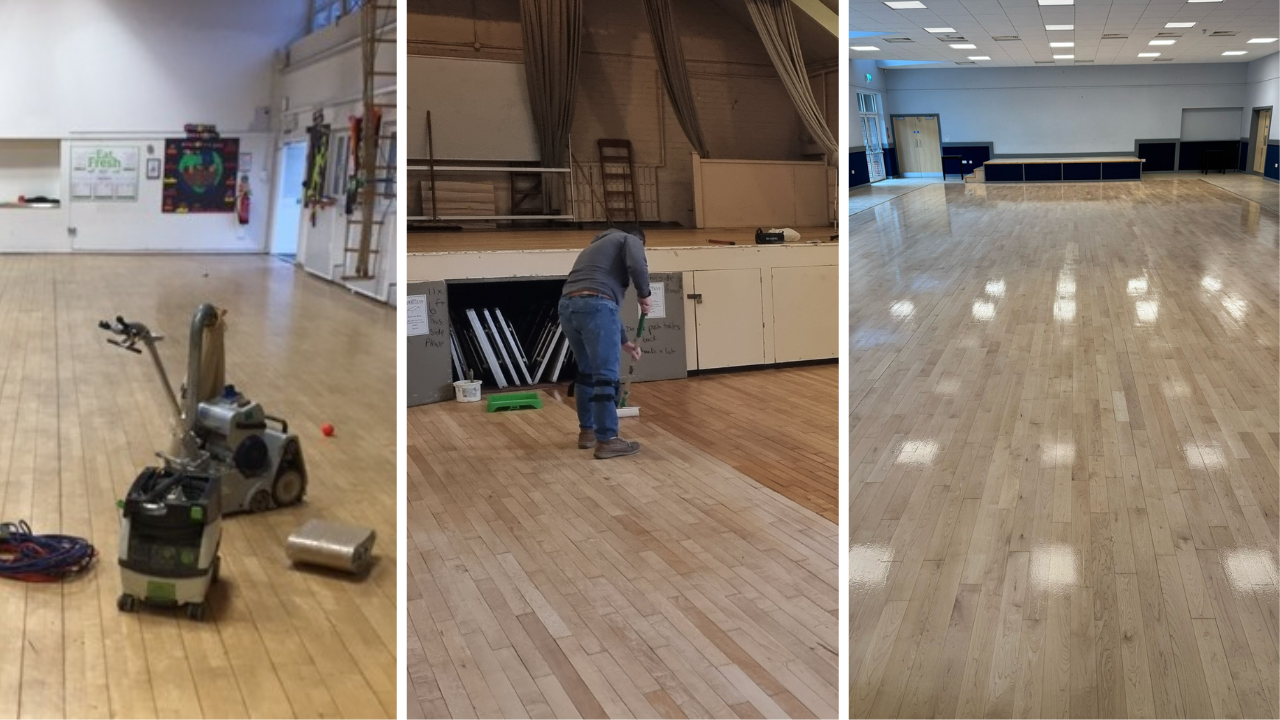 Hardwood Floor Refinishing in Walthamstow showing the transformation of an oak strip hall floor from sanding to sealing and final polished finish