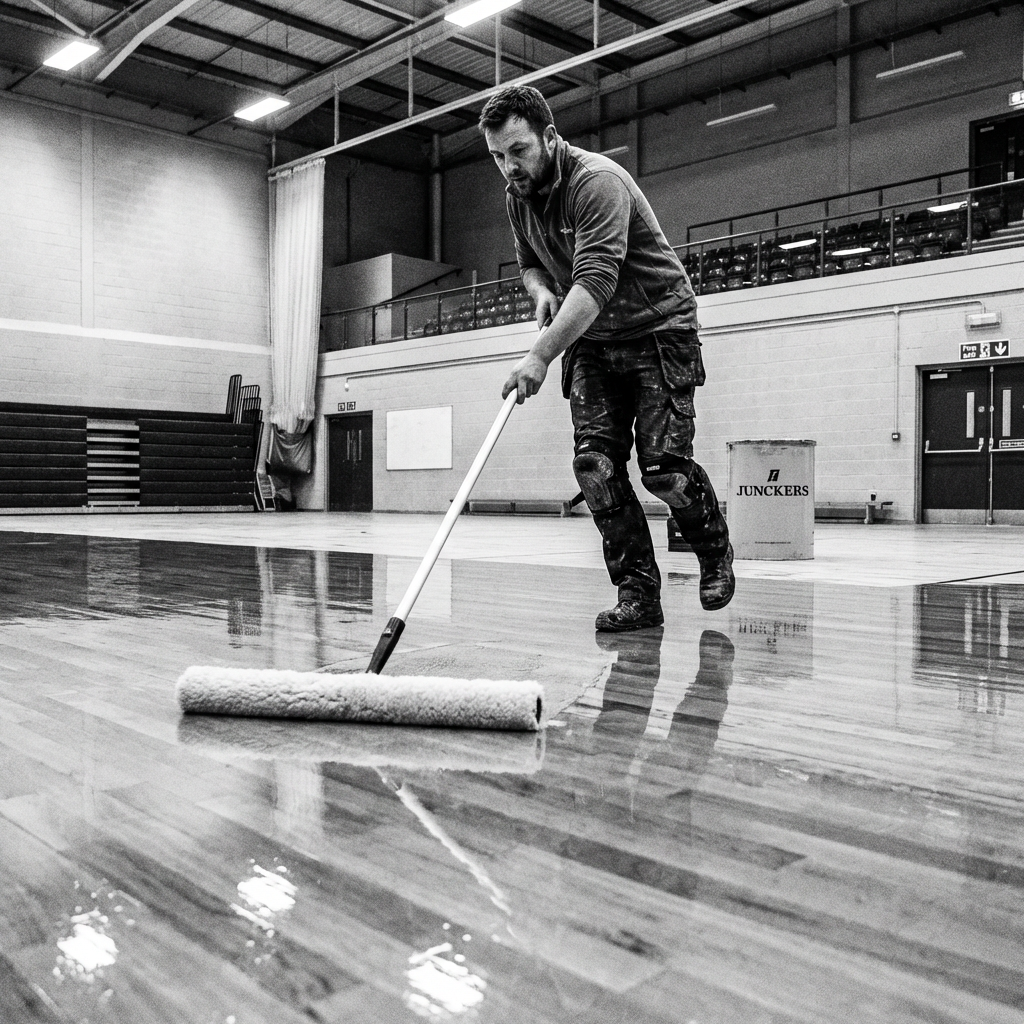 Action shot of a professional flooring tradesman applying Junckers HP Sport lacquer to a sports hall floor using a T-bar applicator.