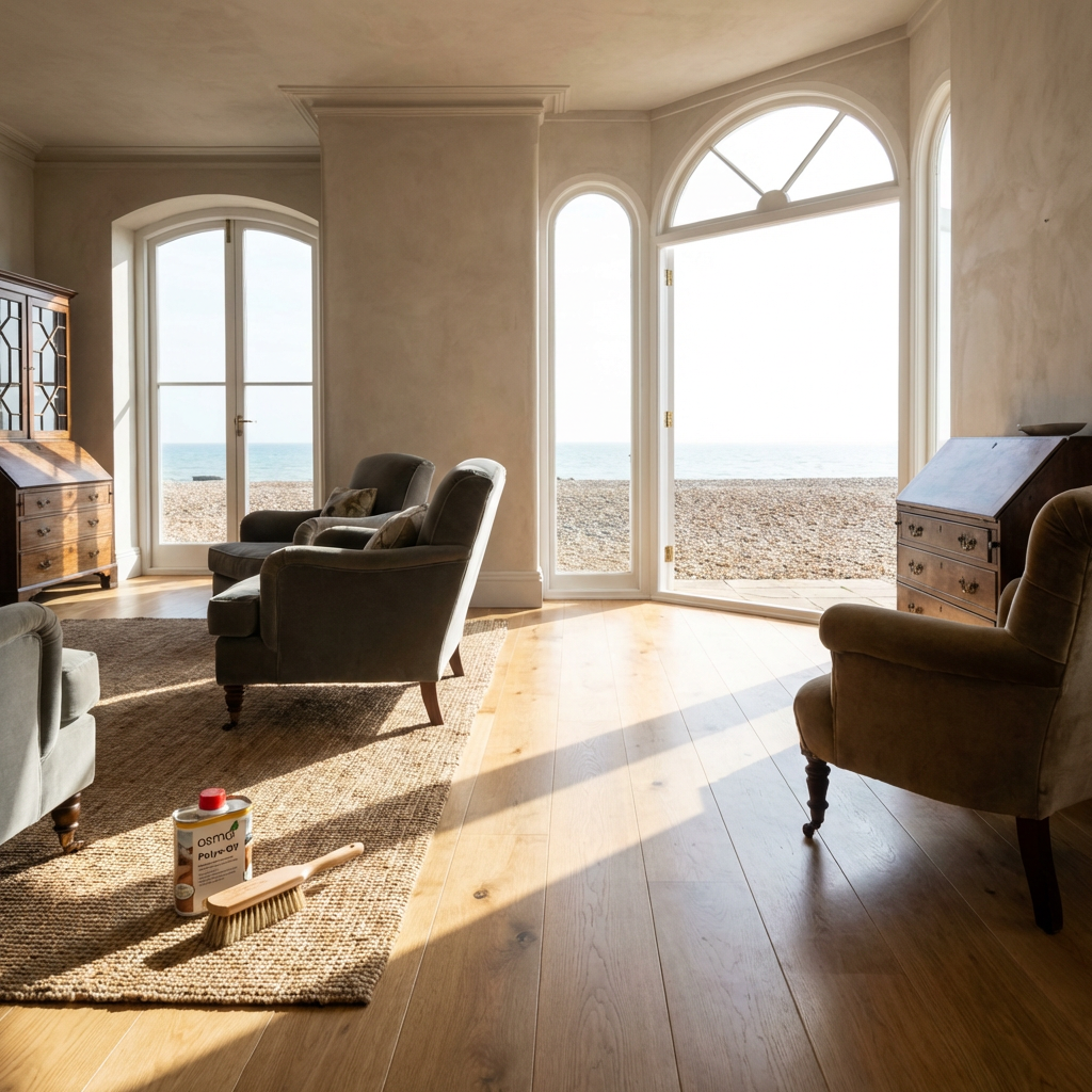 High-contrast interior design shot of a high-end British living room with an oak floor finished in Osmo Polyx-Oil.