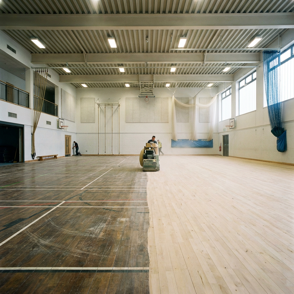 Wide-angle architectural photography of a large British school sports hall floor during the sanding process.