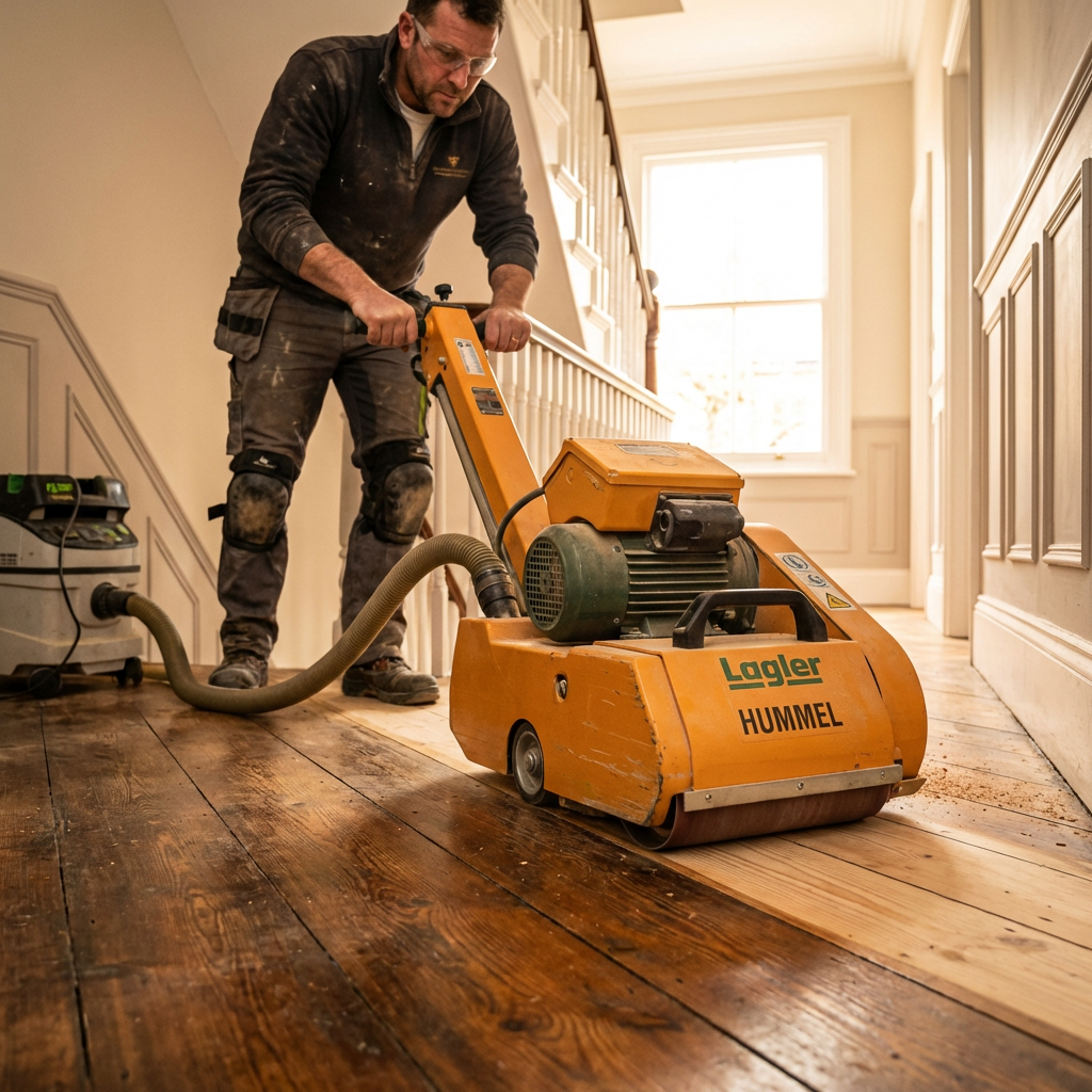 Professional tradesman using a Lagler Hummel belt sander on original Victorian pine floorboards in a London townhouse hallway.