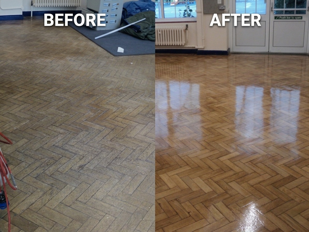 Before and after comparison of school parquet wood floor sanding and sealing in Walthamstow, showing a dull, worn herringbone floor restored to a high-gloss, reflective golden finish.
