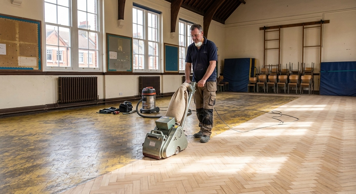 A professional floor sanding contractor restoring traditional pine herringbone parquet flooring in a classic Walthamstow school assembly hall using a heavy-duty belt sander.